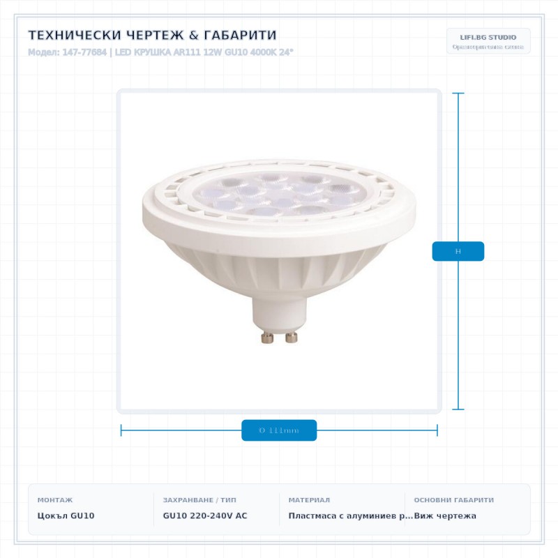 LED КРУШКА AR111 12W GU10 4000K 24°