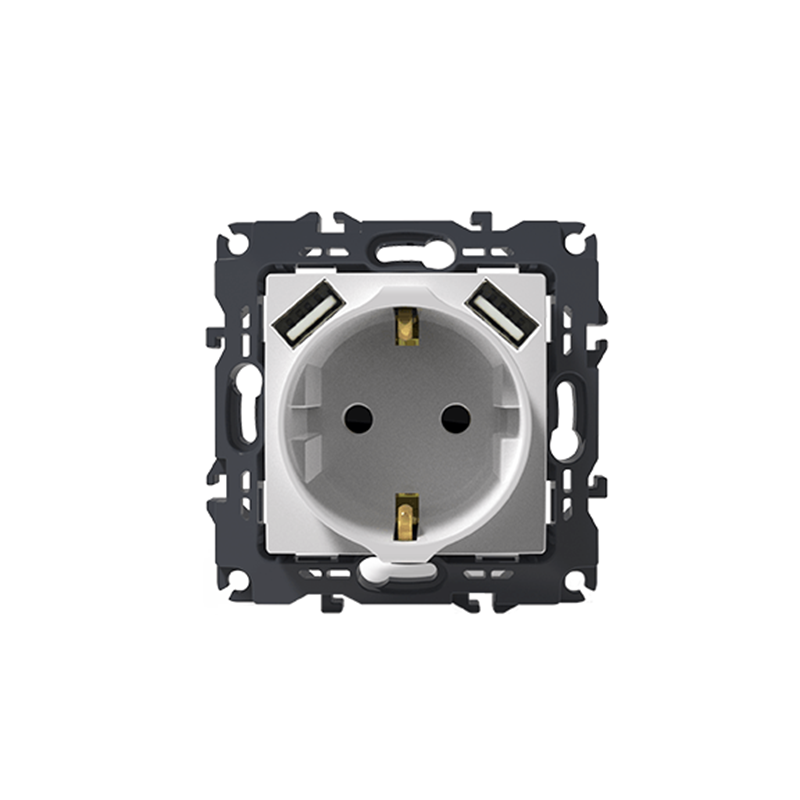 PRIME SCHUKO SOCKET WITH SAFETY SHUTTER 1x2P+E 16A 250VAC   2 USB 5VDC 3.1A IP20 WHITE 1000116301