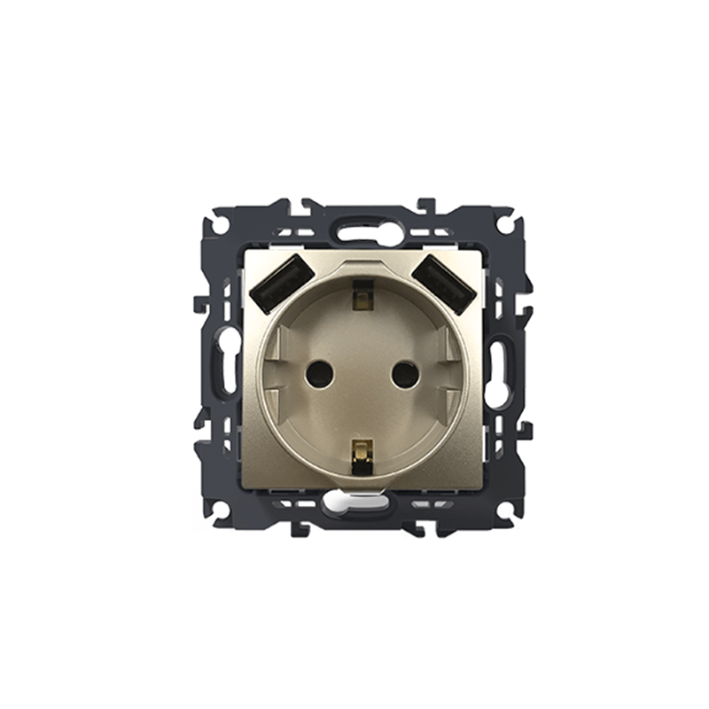 PRIME SCHUKO SOCKET WITH SAFETY SHUTTER 1x2P+E 16A 250VAC   2 USB 5VDC 3.1A IP20 MATT CHAMPAGNE 1000116304