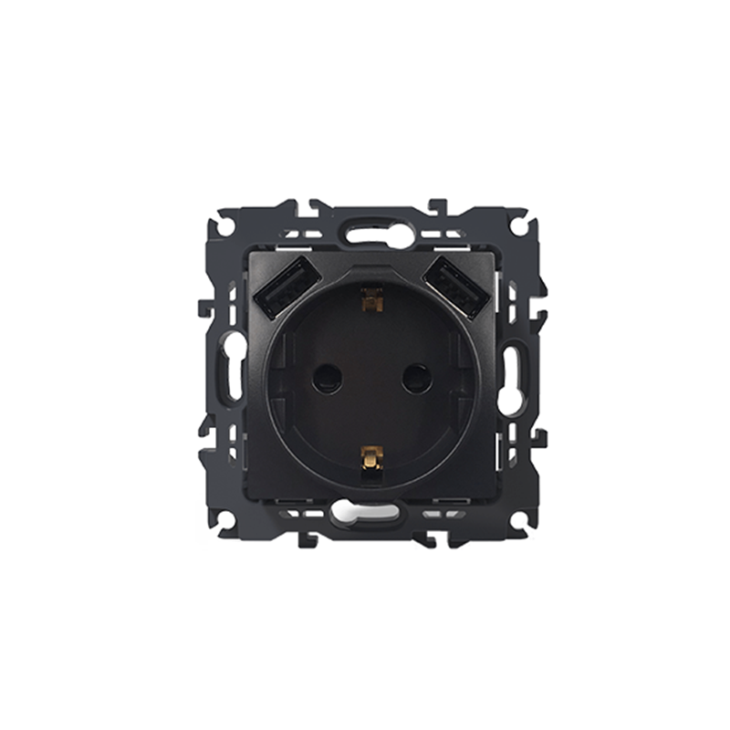 PRIME SCHUKO SOCKET WITH SAFETY SHUTTER 1x2P+E 16A 250VAC   2 USB 5VDC 3.1A IP20 MATT ANTHRACITE 1000116305
