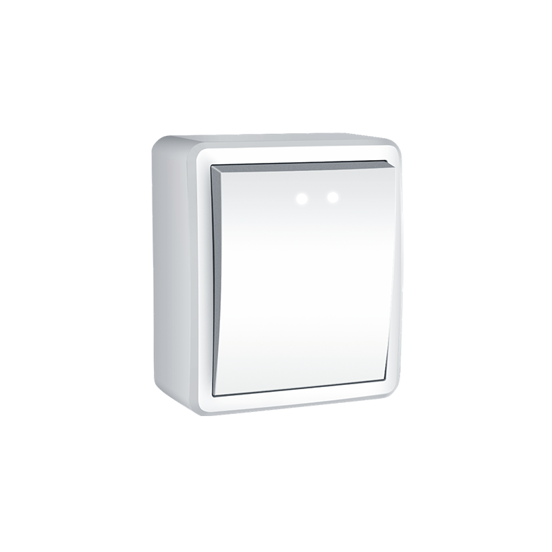 MURATA 1 GANG PUSH BUTTON SWITCH   LED LAMP  LIGHT SYMBOL  WALL MOUΝΤED SCREWS 1P 10A 250VAC IP20 WHITE 1000222001