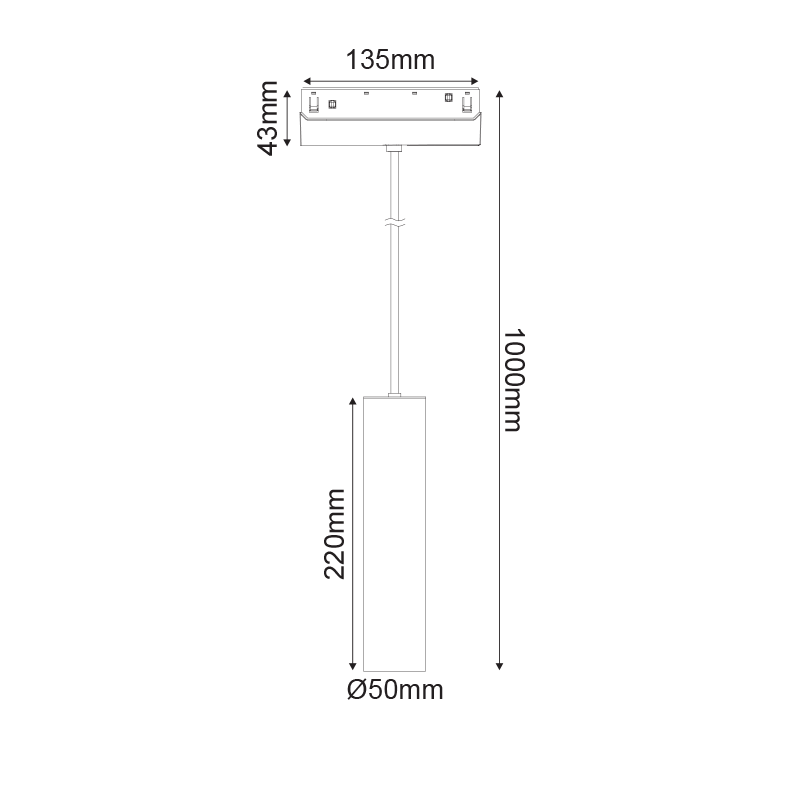 MATTE WHITE MAGNETIC PENDANT LUMINAIRE 48V DC 9W 4000K 1030LM 36° OSRAM RA90 Φ50 220MM HUBEP940W