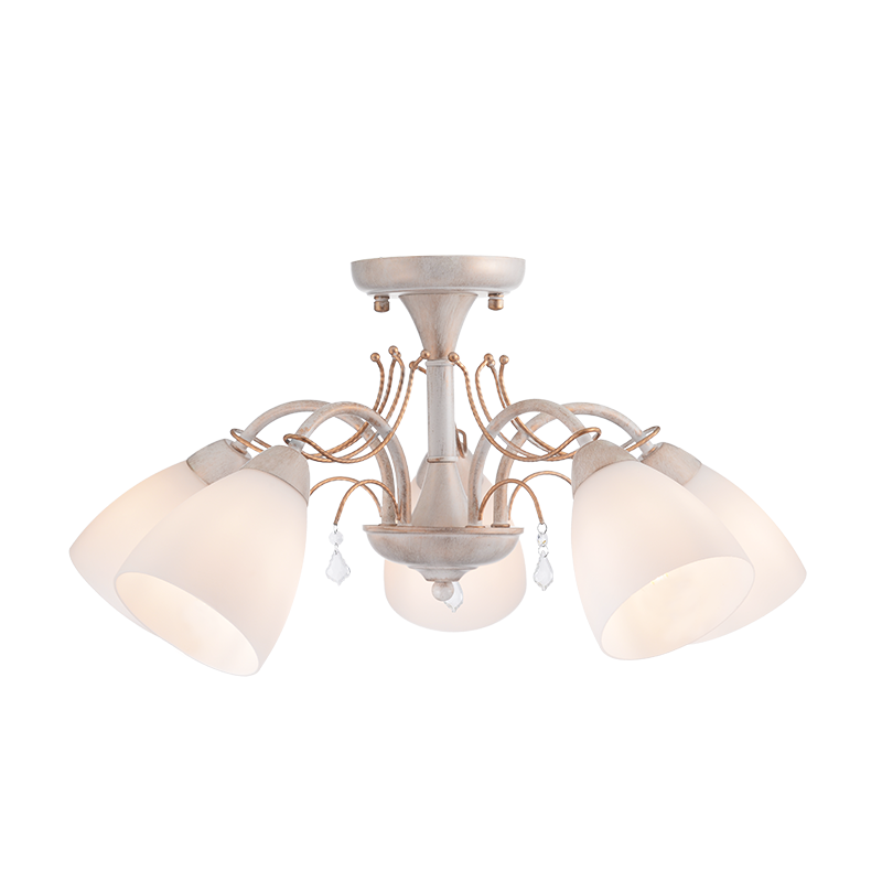 CEILING 5XE14 METAL PATINΑ GOLD+WHITE GLASS+CRYSTAL Φ54ΧΗ27CM QUINCE DLA12125