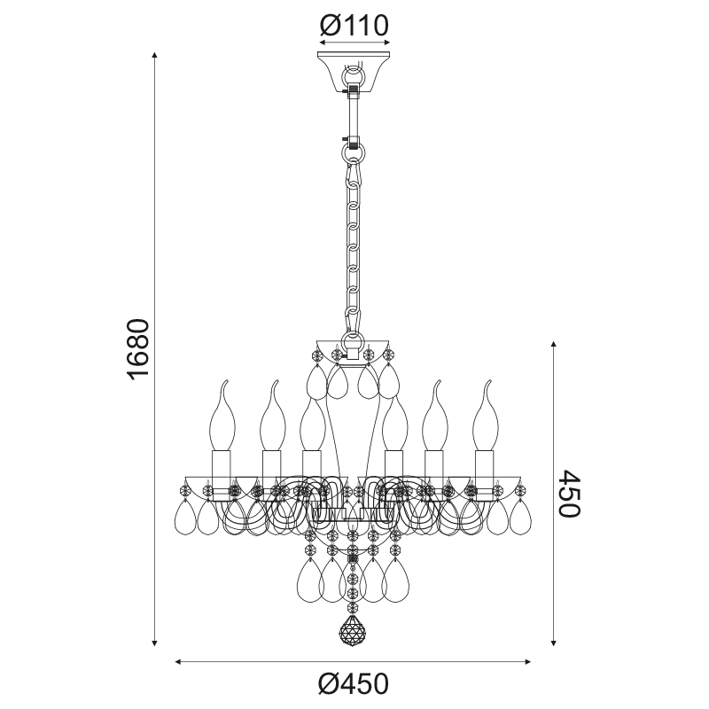 ^ PHASING OUT WALL LUMINAIR 6XE14 CLEAR CRYSTAL + CHROME METAL Ö45×Ç168CM TULIA BLK82046PCC