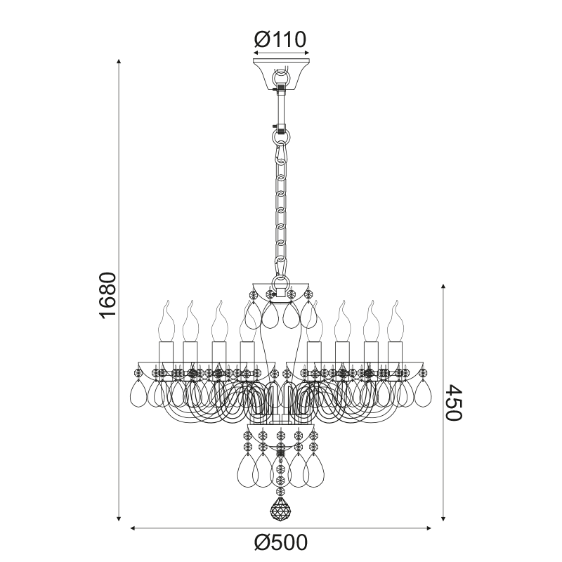 ^ PHASING OUT PENDANT LUMINAIR 8XE14 TINT CRYSTAL + CHROME METAL Φ49×Η168CM TULIA BLK82048PSGC
