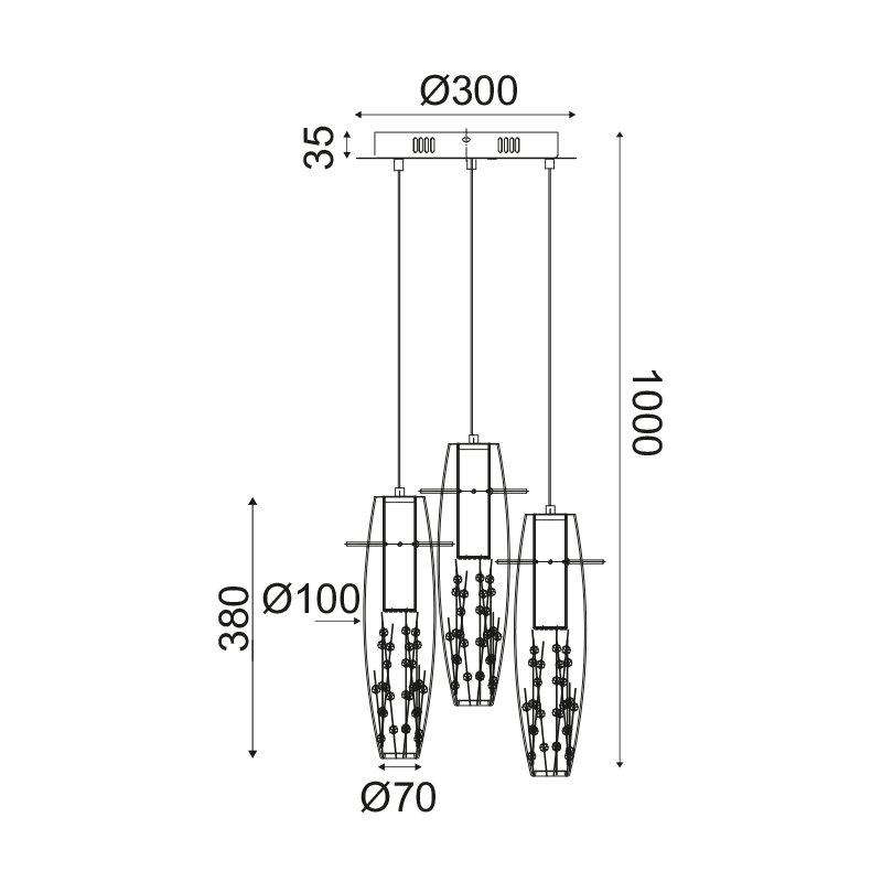 ^ PHASING OUT PENDANT LED 3X3W 3000K GLASS + COLOR METAL + CRYSTAL Φ30ΧΗ100CM VANI VANI309LEDP