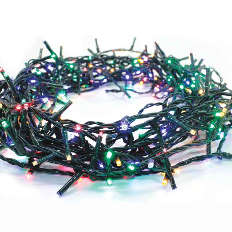 100 LED STRING LIGHTS PER 5cm MULTICOLOR, ADAPTOR 31VDC & 8 FUNCTIONS, IP44 5m GREEN CABLE X08100311