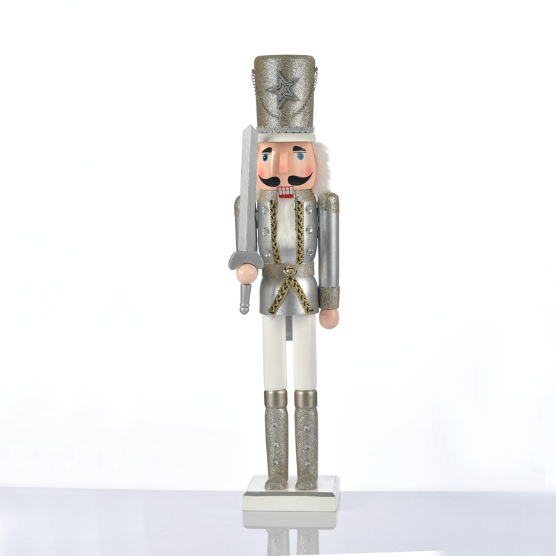 ^ WOODEN NUTCRACKER SOLDIER WHITE & SILVER WITH SWORD H60CM X026002