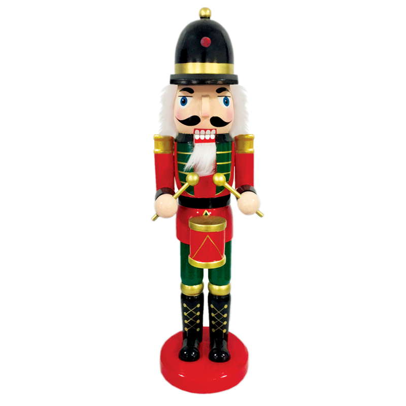 ^ WOODEN NUTCRACKER GREEN & RED WITH DRUM H30CM X023010