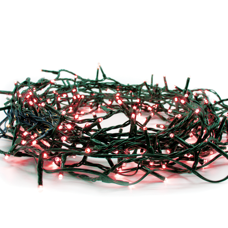 ^ 300 LED STRING LIGHTS (PER 5cm), RED, ADAPTOR (31VDC) & 8 FUNCTIONS,IP44, 15m, GREEN CABLE X08300412