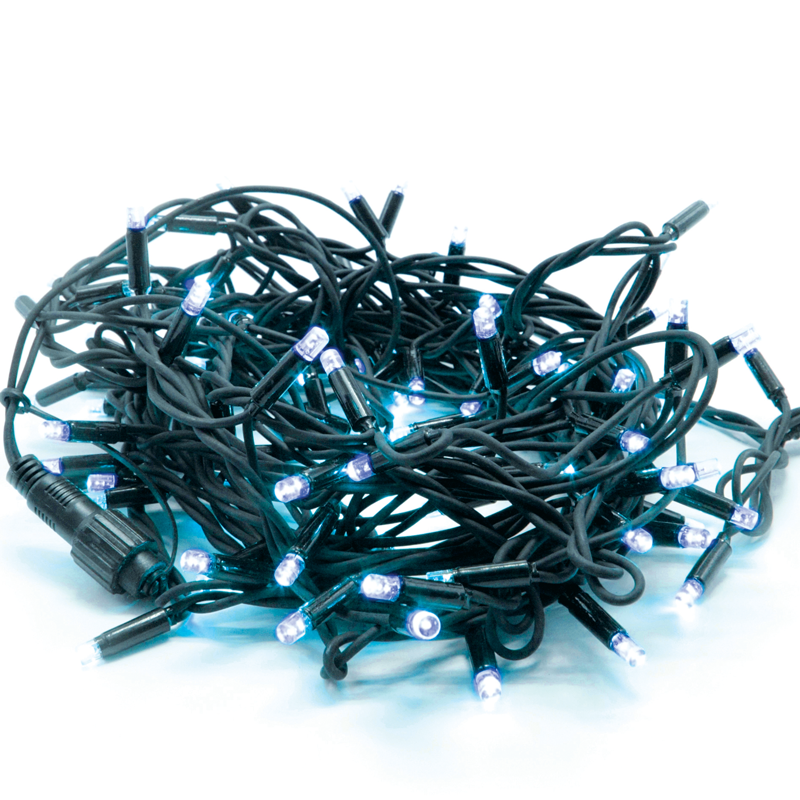 ^ 100 LED RUBBER CABLE BLUE STRING LIGHTS CONTECT.  (MAX 20), 10CM DIST., 10M,IP44, 1.5 LEAD CABLE X08100631