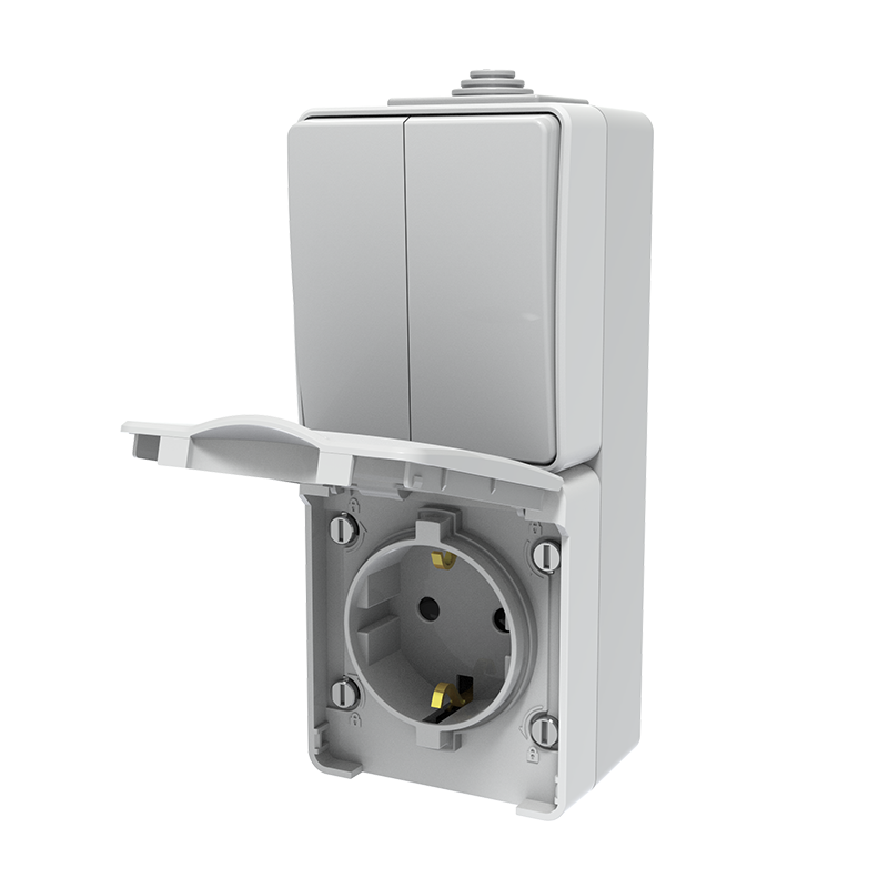ARMY VERTICAL BLOCK 2 GANG 1 WAY SWITCH 1+1P 10AX 250VAC IP55 & SCHUKO SOCKET WITH SAFETY SHUTTER 1x2P+E 16A 250VAC IP55 (IP54)  WALL MOUNTED WATERPROOF SCREWS LIGHT GREY 1000438306