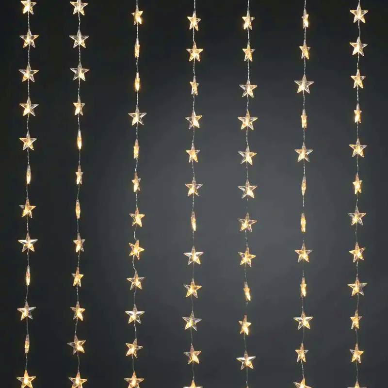 ^ 48LED CURTAIN LIGHTS STARS COOL WHITE ADAPTOR VDC & 8 FUNCTIONS IP44 5M GREEN CABLE X0848122