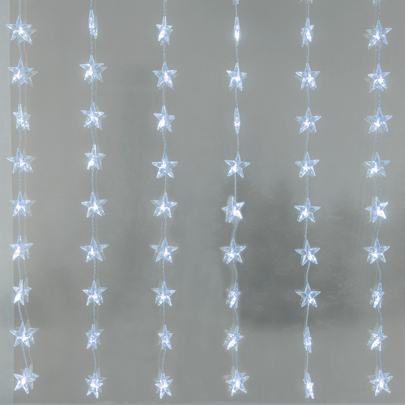 ^ 48LED CURTAIN LIGHTS STARS COOL WHITE ADAPTOR VDC & 8 FUNCTIONS IP44 5M GREEN CABLE X0848222
