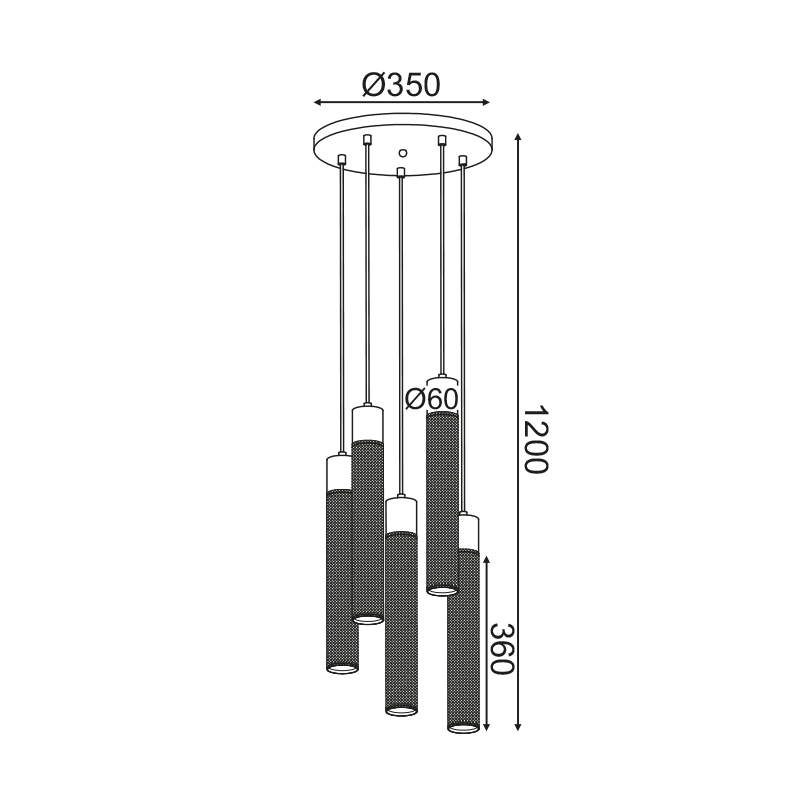 ^ PHASING OUT PENDANT LUMINAIRE 5XE27 BLACK METAL D35XH120CM ALCATRAZ OD605P35BK