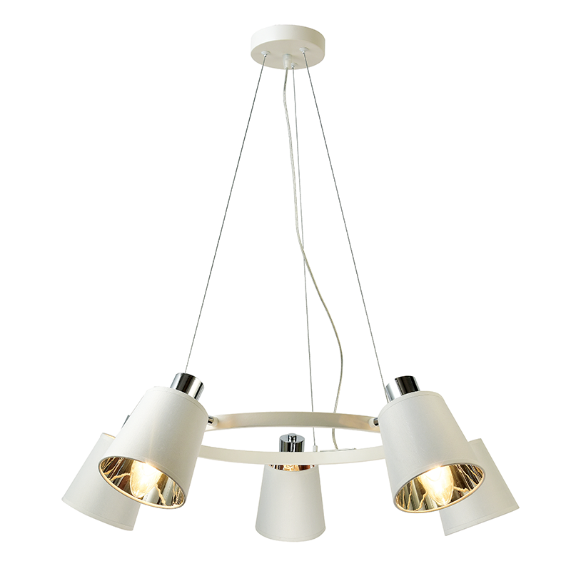 ^ PHASING OUT PENDANT LUMINAIRE 5XE14 WHITE METALLIC + SHADE D73XH100CM NORMA EG215P73WH