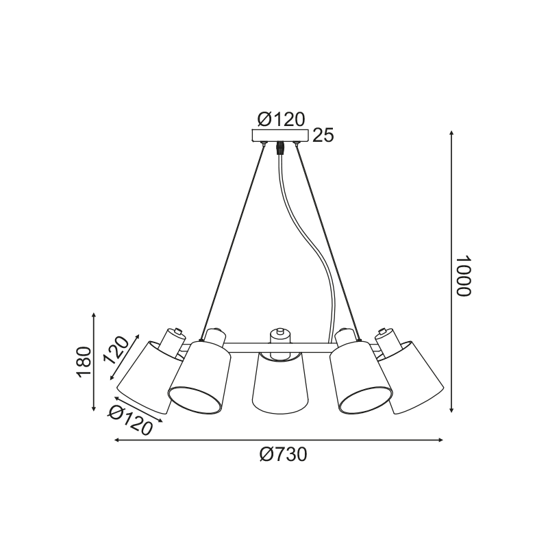 ^ PHASING OUT PENDANT LUMINAIRE 5XE14 BLACK METAL+ SHADE D73XH100CM NORMA EG215P73BK