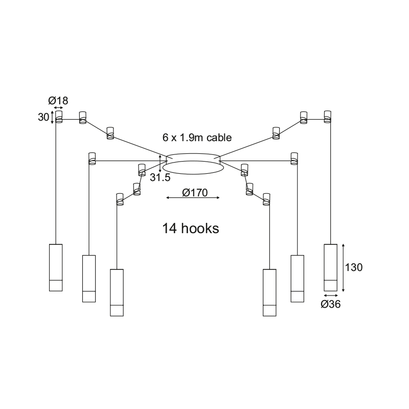 ^ PHASING OUT PENDANT/CEILING LIGHTING 6ΧG9 BLACK ALUMINUM 6x D3,6XH13CM CABLE 1,9M 14HOOKS TERES YL22C6BK