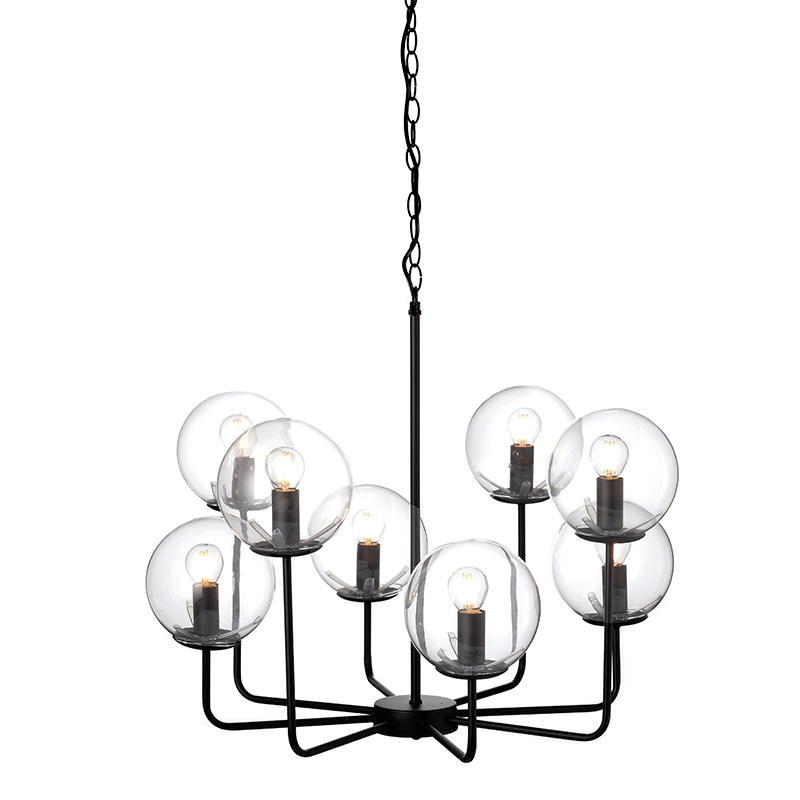 ^ PHASING OUT PENDANT L/F 8ΧΕ14 TRANSPARENT GLASS+METAL BLACK Φ65ΧΗ120CM DELOS OD905808PCL