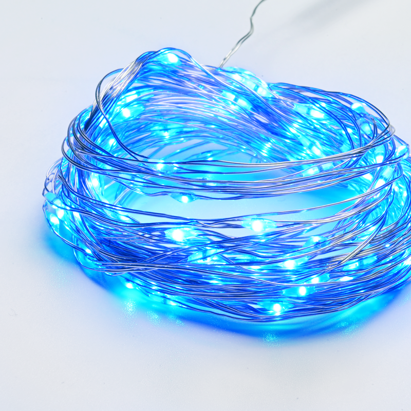 100 LED STRING LIGHTS TIMER BLUE SILVER COPPER WIRE & BAT.3XAA IP44 10m+10cm X01100615
