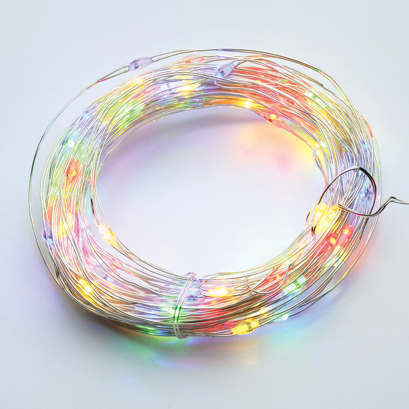 100 LED STRING LIGHTS TIMER RGBY SILVER COPPER WIRE & BAT.3XAA IP44 10m+10cm X01100315