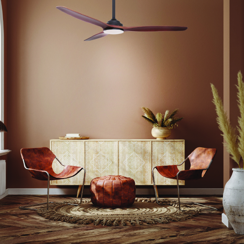 DECORATIVE CEILING FAN WITH DIMMABLE LED DIAM132CM DC40W 3 WOODEN BROWN BLADES WITH REMOTE CONTROL 2 BLACK DOWNRODS 15&25CM FANKVBR40G