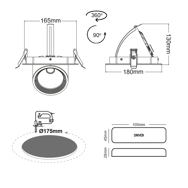 WHITE LED RECESSED MOVABLE LUMINAIRE 30W 4000K 60° 3600LM 230VAC Ra80 5YRS LINO3040N