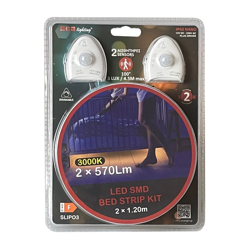 LED SMD DIMMABLE STRIP KIT 2X1.2M 2X5.8W 2X570LM IP65 NANO 3000K WITH 2 SENSORS & 12V DC PLUG DRIVER SLIPO3