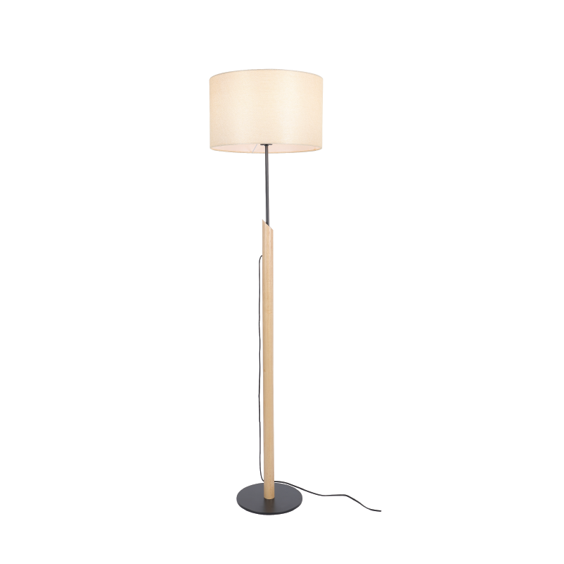 FLOOR LAMP BLACK METAL NATURAL WOOD BEIGE FABRIC SHADE 1XΕ27 H155CM D40CM CLIFF MF21858