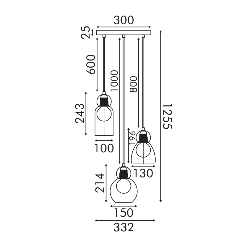 JULIETTE-PENDANT LAMP BLACK GLASS CONVENTIONAL IP20 3xE27 330XH1255mm LT38233PBK JULIETTE-PENDANT LAMP BLACK GLASS CONVENTIONAL IP20 3xE27 330XH1255mm LT38233PBK