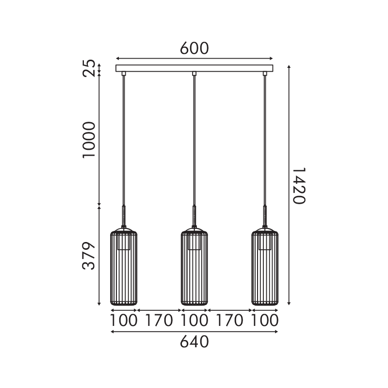 FAME-PENDANT LAMP BLACK GLASS-IRON CONVENTIONAL IP20 3xE27 L640xW100xH1420mm LT19P3BK