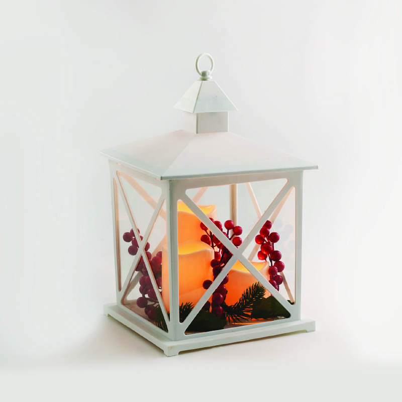 WHITE PLASTIC LANTERN 3 CANDLES MISTLETOES 3 WW LED FLICKER BATT 3XAAA(NOT INCL) IP20 23,5x23,5x37,5cm X0731193