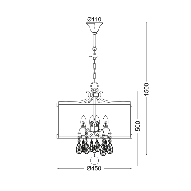 PENDANT 4XE14 METALLIC ANTIQUE/BRUSH+CRYSTAL+GLASS Φ45ΧΗ150CM RONNIE AD80375