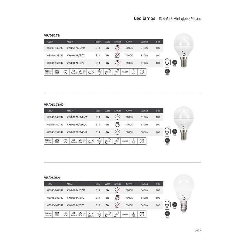 LED КРУШКА V-TAC VT-2012 9W E27 4000K
