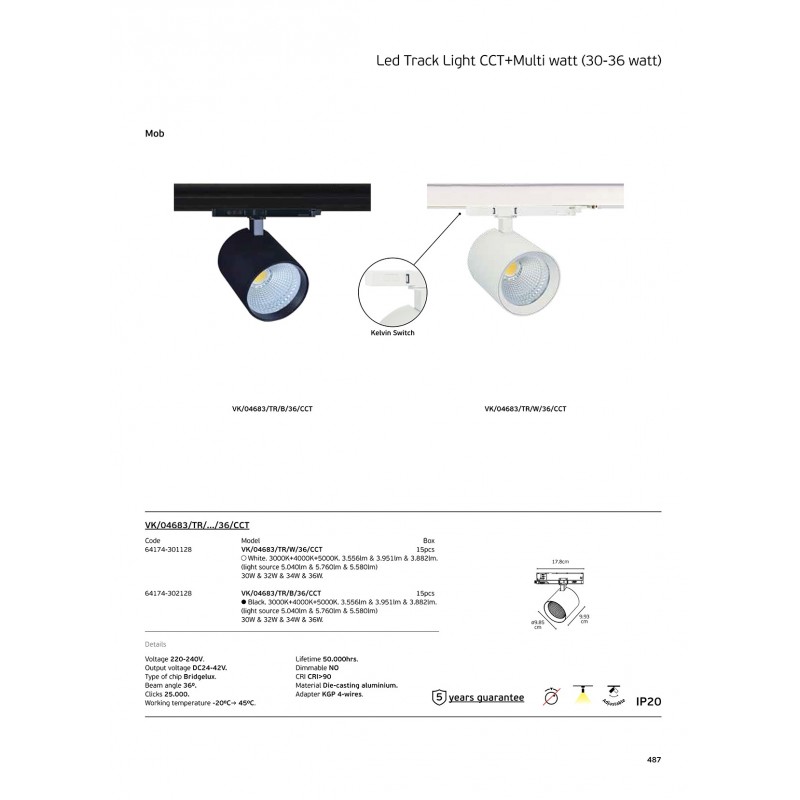 ВГРАДЕН LED ПРОЖЕКТОР VK-04683 TR W 36 CCT
