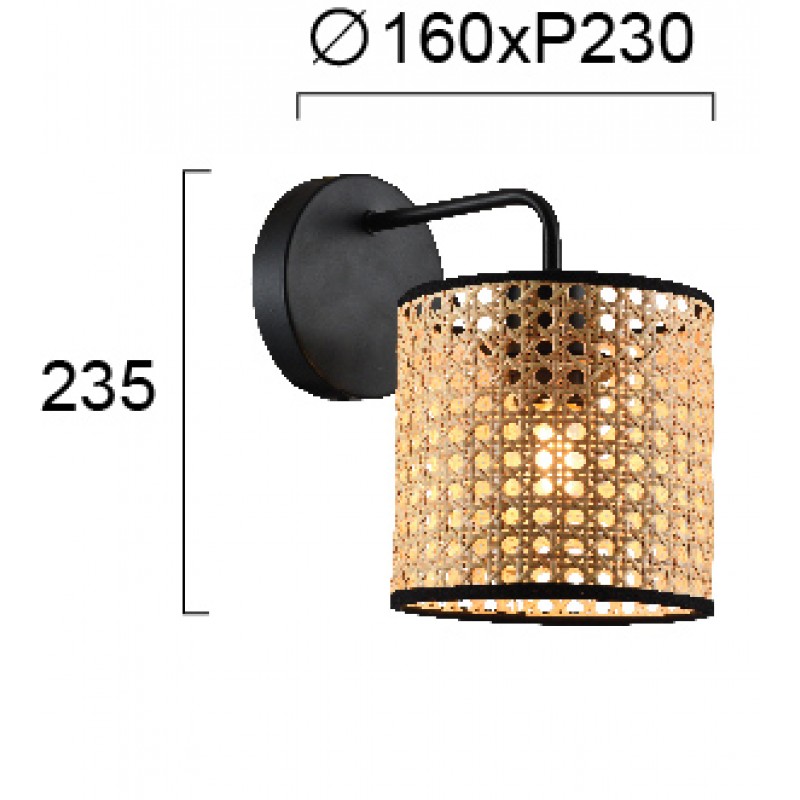 Wall Light Cylinder Gheisa GHEISA E27 1 x MAX 40W NATURAL / BLACK IP20 220-240 VAC  RATTAN / ELECTROSTATIC PAINTED STEEL      4268100 