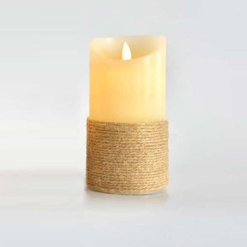 DECO LED CANDLE WITH ROPE, BATTERY, FLICKERING FLAME, TIMER, IVORY, 7,5x15cm 147-15078