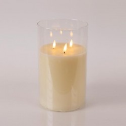 LED BATTERY CANDLE LIGHT, WITH 3 FLAMES AND GLASS, IVORY, WITH TIMER, 15x25cm 147-15136
