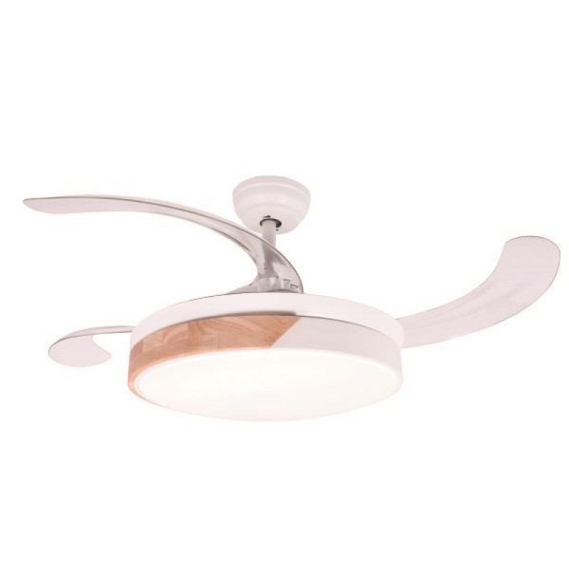DECORATIVE FAN WHITE WITH RETRACTABLE BLADES,BLUETOOTH SPEAKER,LED LIGHT AND REMOTE CONTROL 40W DC MOTOR 300-25019