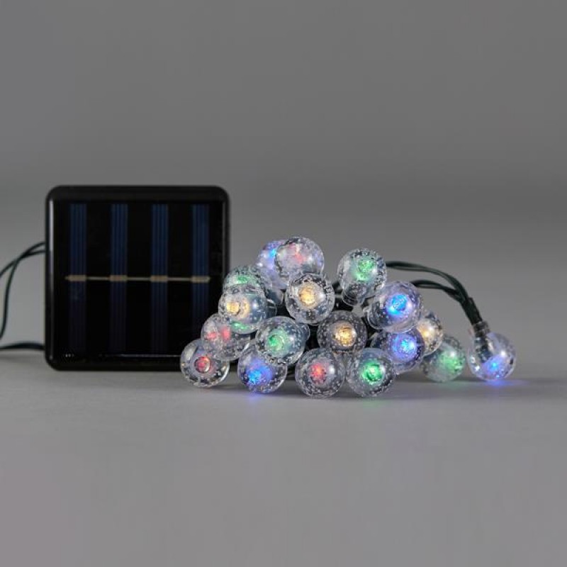 LINE, 80 LED 5mm WITH ACRYLIC BALLS 1,8cm, SOLAR PANEL WITH LIGHT SENSOR, 8 M/F, GREEN PVC WIRE, MULTI LED PER 10cm, LEAD WIRE 1m, IP44 600-04852