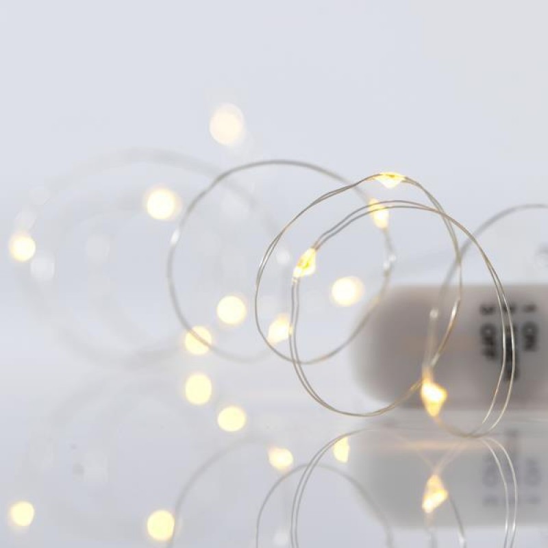 LINE, 50 MINI LED, BATTERY BOX 2XAA, TIMER, SILVER COPPER WIRE, WARM WHITE LED, PER 10cm, LEAD WIRE 10cm, IP20, DISPLAY BOX (24pcs) 600-07721