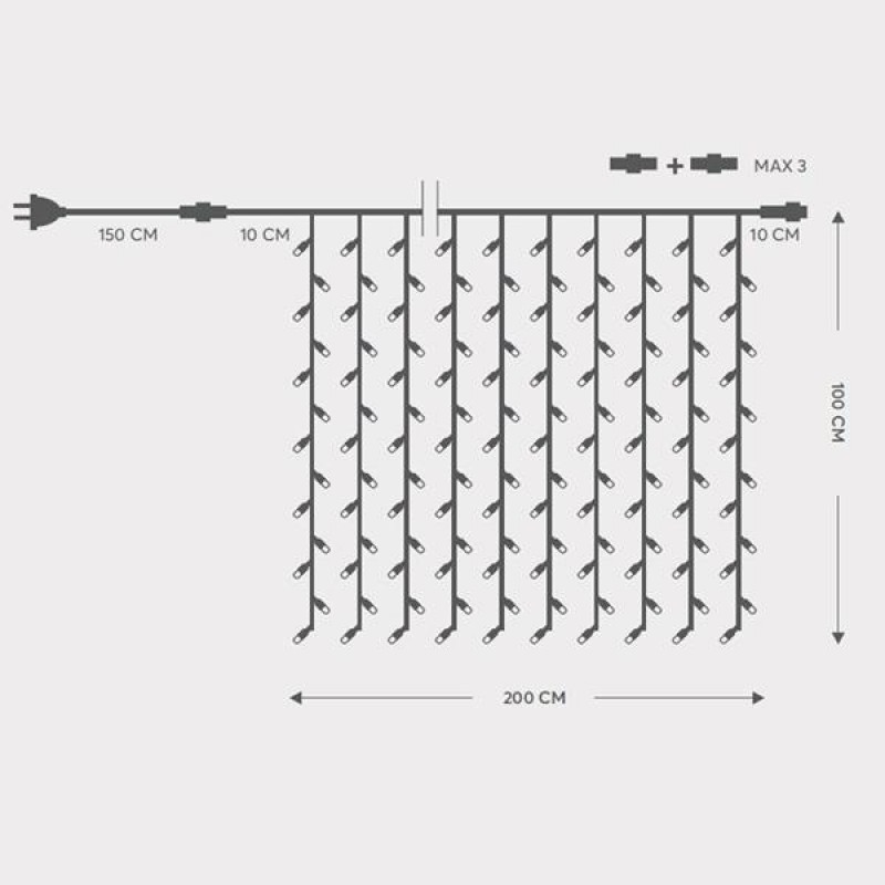 CURTAIN, 200 LED 5mm WITH CUPS, 230V, CONNECTOR UNTIL 5, GREEN RUBBER WIRE, WARM WHITE LED (H100 x W200cm, 20 LINES x 10 LED), LEAD WIRE 1.5m, IP65 600-11116