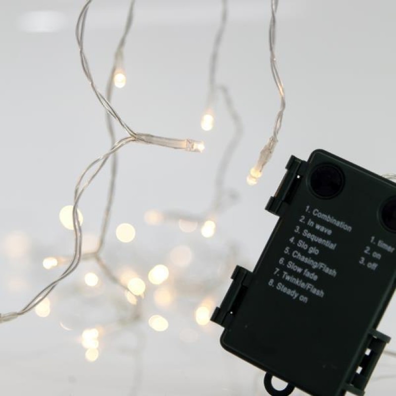 LINE, 20 LED 5mm, BATTERY BOX 3xAA WITH 8 MULTIFUNCTIONS, TIMER, TRANSPARENT WIRE, WARM WHITE LED PER 10cm, LEAD WIRE 50cm, IP44 600-11158