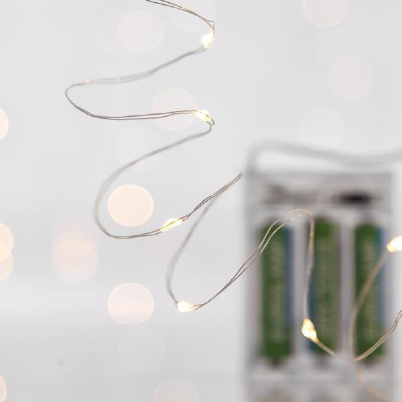 LINE, 20 MINI LED, BATTERY BOX 3xAA, SILVER COPPER WIRE, DAYLIGHT LED PER 10cm, LEAD WIRE 10cm, IP20 600-11221