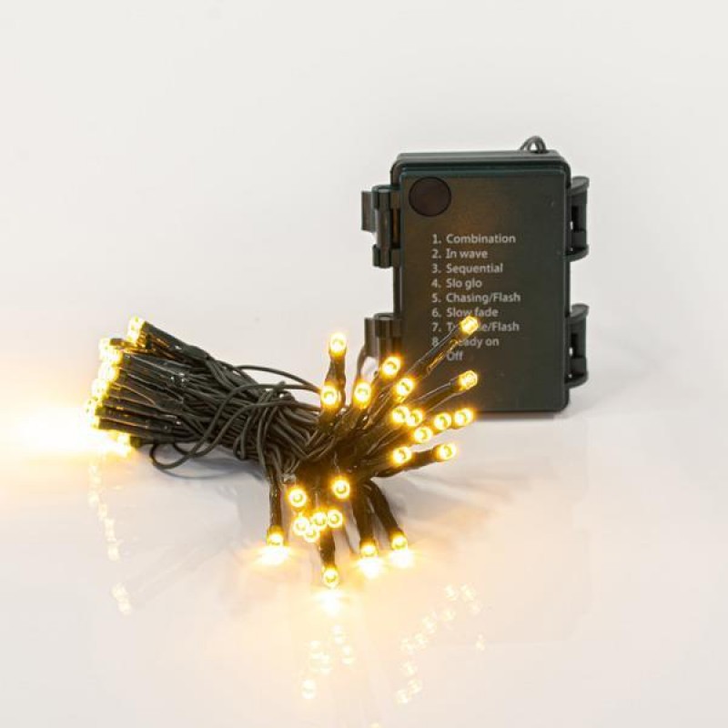 LINE, 48 LED 3mm, BATTERY OPERATED, WITH MULTIFUNCTION, MEMORY AND TIMER, GREEN WIRE, WARM WHITE LED PER 7,5cm, LEAD WIRE 50cm, IP44 600-11225