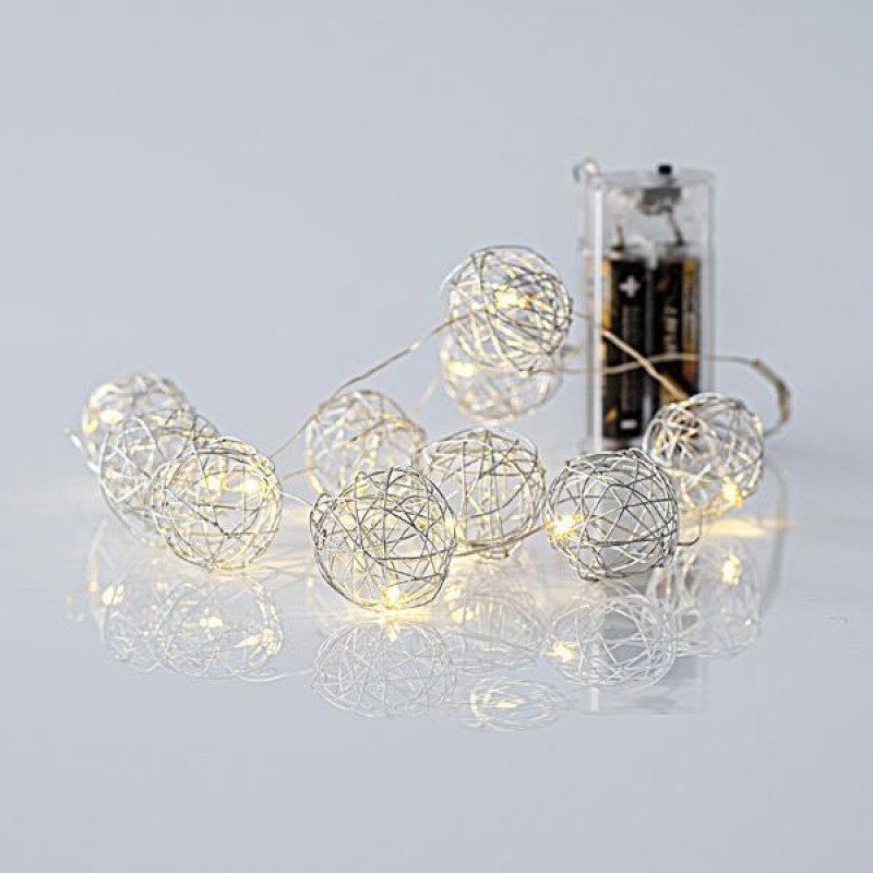 LINE, 10 MINI LED, WITH METAL BALLS 3cm, BATTERY BOX 2xAA, SILVER COPPER WIRE, WARM WHITE LED, PER 10cm, LEAD WIRE 50cm, IP20 600-11236