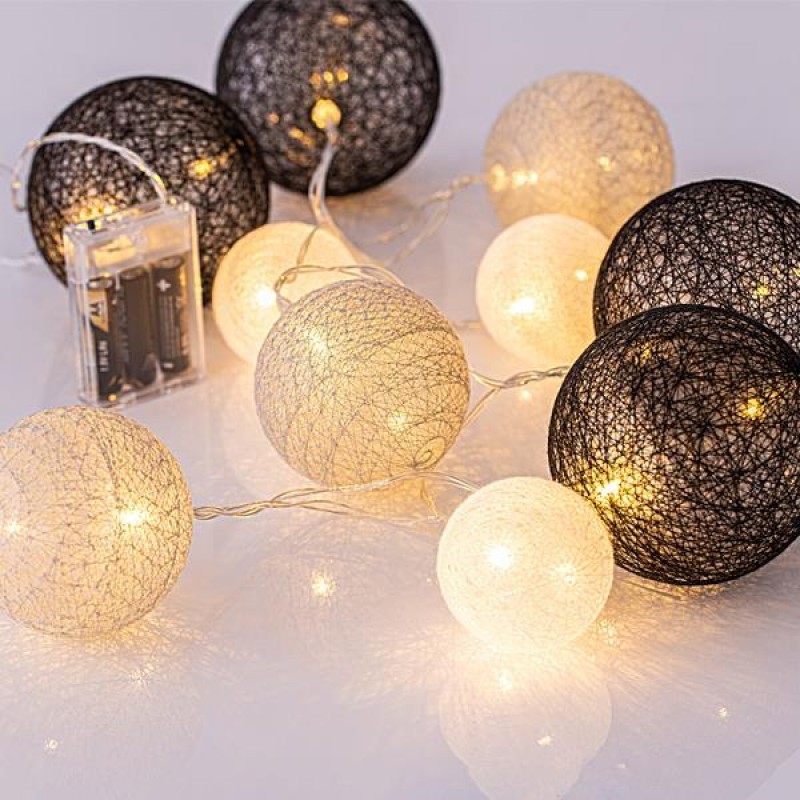 LINE, 10 LED 5mm, WITH 10 COTTON BALLS 6cm/8cm/10cm,  BATTERY BOX 3xAA, TRANSPARENT PVC WIRE, WARM WHITE, LED PER 15cm, LEAD WIRE 50cm, IP20 600-11246