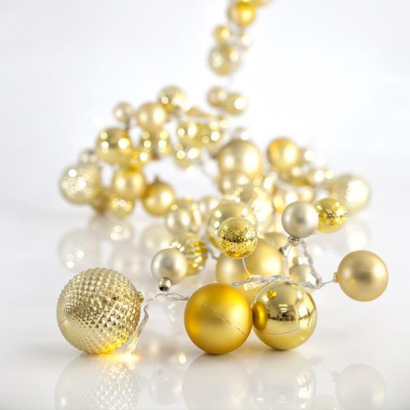 DECO GARLAND, GOLD CHRISTMAS BALLS WITH 20 LED 5mm, LEAD WIRE 300cm, PER 12cm, IP20 600-11283