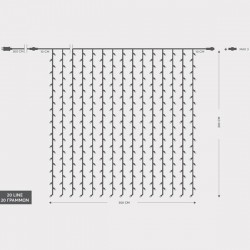 CURTAIN, 480 LED 3mm, 31V ADAPTOR, CONNECTOR UNTIL 3, TRANSPARENT WIRE, WARM WHITE LED (H300 x W300cm, 20 LINES x 24 LED), LEAD WIRE 3m, IP44 600-11375