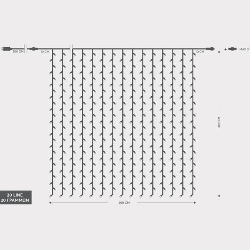CURTAIN, 480 LED 3mm, 31V ADAPTOR, CONNECTOR UNTIL 3, TRANSPARENT WIRE, WARM WHITE LED (H300 x W300cm, 20 LINES x 24 LED), LEAD WIRE 3m, IP44 600-11375